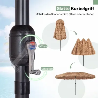 Havajský slamený slnečník 450 cm s kľukou a 12 kovovými rebrami, záhradný slnečník s ochranou pred slnkom, hnedý