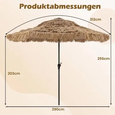 Havajský slnečník, 290 cm, slamený slnečník, naklápateľný o 30° s LED solárnym osvetlením, svetlohnedý