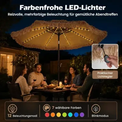 Havajský slnečník, 290 cm, slamený slnečník, naklápateľný o 30° s LED solárnym osvetlením, svetlohnedý