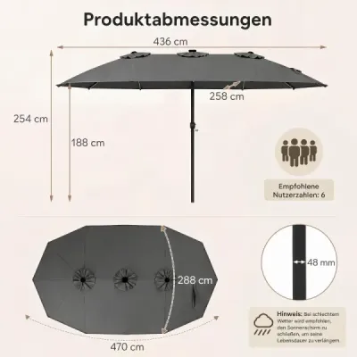 Slnečník 4,5 m, obojstranný terasový slnečník s farebnými solárnymi svetlami a kľukou, sivý