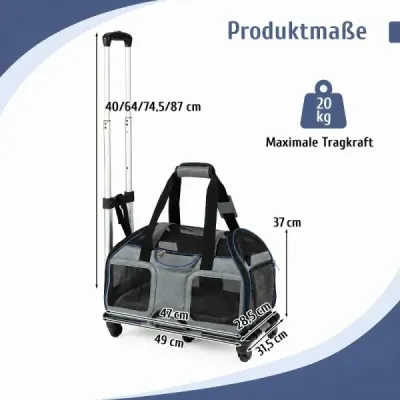 Cestovná taška pre psov, skladací prepravný box pre psov s kolieskami, odnímateľným vankúšom a teleskopickou rukoväťou, modrá