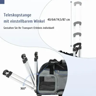 Cestovná taška pre psov, skladací prepravný box pre psov s kolieskami, odnímateľným vankúšom a teleskopickou rukoväťou, modrá