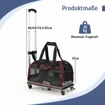 Cestovná taška pre psov, skladací prepravný box pre psov s kolieskami, odnímateľným vankúšom a teleskopickou rukoväťou, červená