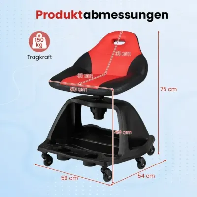 Dielenska stolička, otočná o 360° s operadlom, odkladacími priestormi na náradie a 6 kolieskami, nosnosť do 150 kg