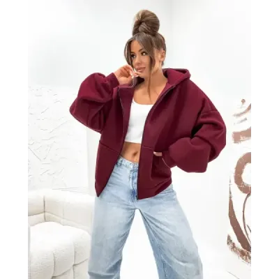 Teplá mikina oversize s kapucňou v bordovej farbe MODA821112