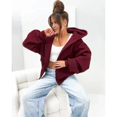 Teplá mikina oversize s kapucňou v bordovej farbe MODA821112