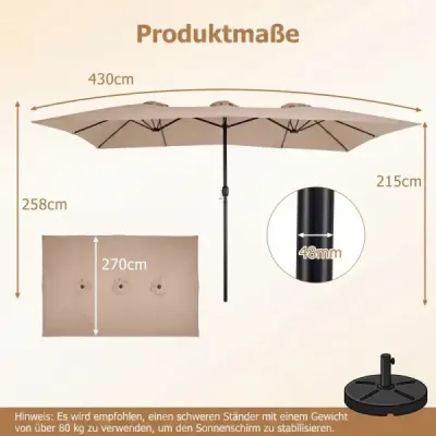 Dvojitý slnečník 430 x 276 x 260 cm – mimoriadne veľký záhradný slnečník s 12 rebrami, bez stojana, hnedý