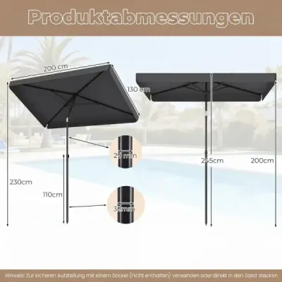 Slnečník 200 x 130 cm Obdĺžnikový balkónový slnečník s uhlom sklonu 30° Sklopný záhradný slnečník, sivý