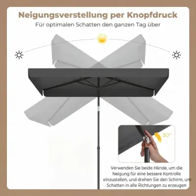 Slnečník 200 x 130 cm Obdĺžnikový balkónový slnečník s uhlom sklonu 30° Sklopný záhradný slnečník, sivý