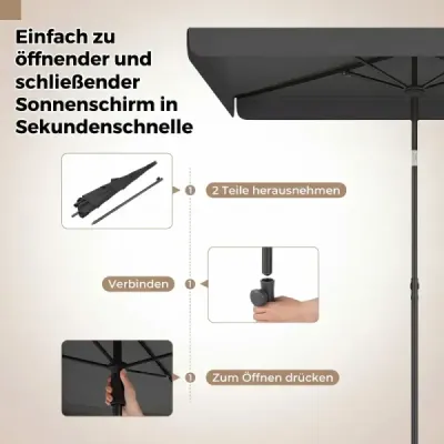 Slnečník 200 x 130 cm Obdĺžnikový balkónový slnečník s uhlom sklonu 30° Sklopný záhradný slnečník, sivý