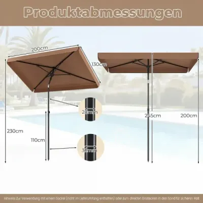Slnečník 200 x 130 cm, obdĺžnikový balkónový slnečník s uhlom sklonu 30°, ohybný záhradný slnečník, hnedý
