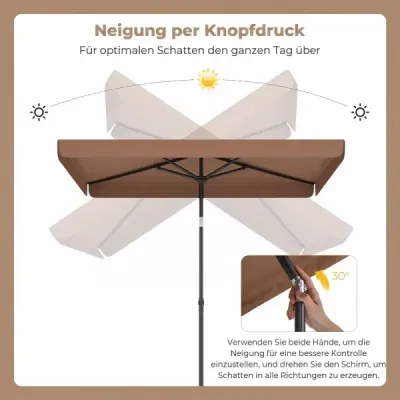 Slnečník 200 x 130 cm, obdĺžnikový balkónový slnečník s uhlom sklonu 30°, ohybný záhradný slnečník, hnedý