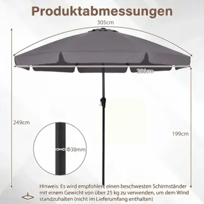 Slnečník 286 cm, záhradný slnečník s kľukou a možnosťou sklopenia o 30°, slnečná clona, balkónový slnečník, sivý