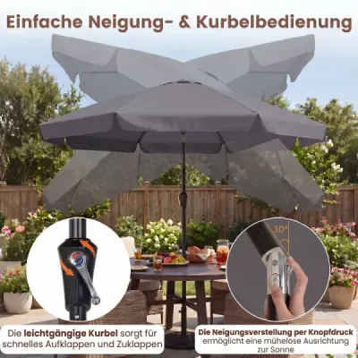 Slnečník 286 cm, záhradný slnečník s kľukou a možnosťou sklopenia o 30°, slnečná clona, balkónový slnečník, sivý