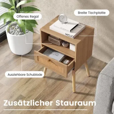Nočný stolík z ratanu, sada 2 ks – nočný stolík so zásuvkou a otvoreným priestorom, 40 x 30 x 60,5 cm, prírodná farba
