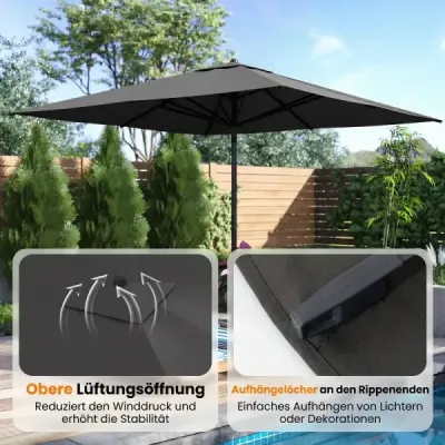 Slnečník 3 x 3 m – obdĺžnikový záhradný slnečník s ochranným obalom a hliníkovým podstavcom, sivý