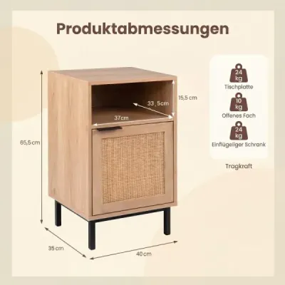 Nočný stolík s ratanovými dvierkami a otvorenou priehradkou pomocný stolík s kovovým rámom 40 x 35 x 65,5 cm, prírodná farba