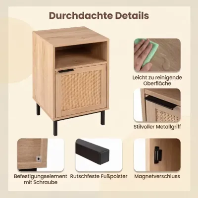 Nočný stolík s ratanovými dvierkami a otvorenou priehradkou pomocný stolík s kovovým rámom 40 x 35 x 65,5 cm, prírodná farba