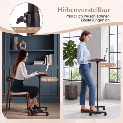 Výškovo nastaviteľný stolík k posteli na kolieskach s naklápateľnou a o 360° otočnou doskou – ošetrovací stolík z orechového dreva