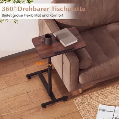 Výškovo nastaviteľný stolík k posteli na kolieskach s naklápateľnou a o 360° otočnou doskou – ošetrovací stolík z orechového dreva