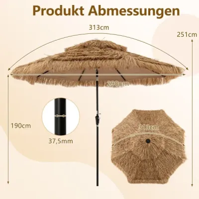 Slnečník Hawaii 300 cm slamený slnečník s LED solárnym osvetlením a dvojitou strieškou nature+black