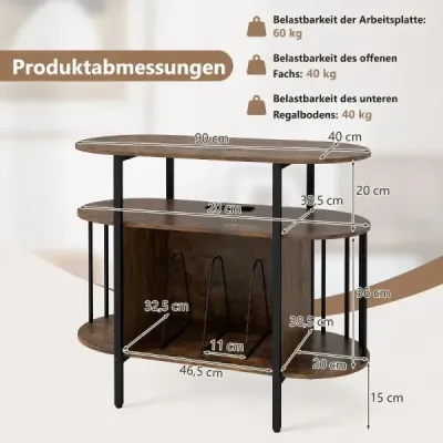 Stojan na gramofón s nastaviteľným LED osvetlením a nabíjacou stanicou 90 x 40 x 76,5 cm Rustikálna hnedá