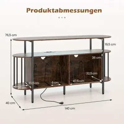 Stojan na gramofón s nabíjacou stanicou a farebnými LED svetlami, 140 x 40 x 76 cm, rustikálna hnedá
