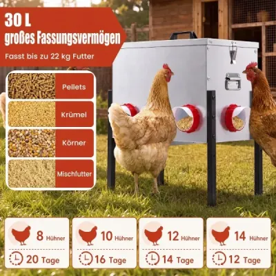 Automatický kŕmidlo pre sliepky, 30 l, s 8 otvormi, výškovo nastaviteľné, s uzamykateľným vekom