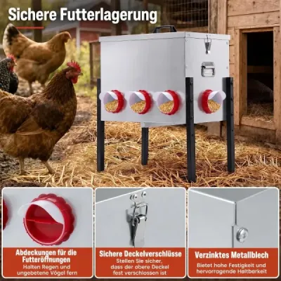 Automatický kŕmidlo pre sliepky, 30 l, s 8 otvormi, výškovo nastaviteľné, s uzamykateľným vekom
