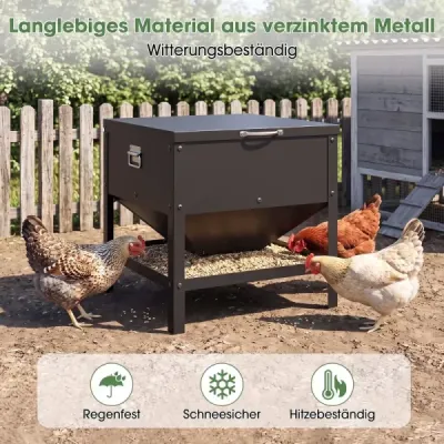 Veľký automat na krmivo pre sliepky s objemom 56 l z pozinkovaného kovu, štvorcový, s odklápacím vekom