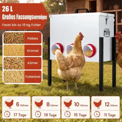 Automatický kŕmidlo pre sliepky, 26 l, s 6 otvormi a uzamykateľným vekom, s nastaviteľnou výškou