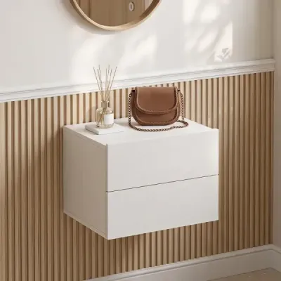 Sada 2 ks nočných stolíkov na montáž na stenu s 2 zásuvkami – závesný nočný stolík z dreva, 42 x 30 x 29 cm, biely