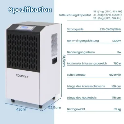 118 l/deň – komerčný odvlhčovač vzduchu s odtokovou hadicou + podlahový ventilátor 130 W, 3 rýchlosti – sada