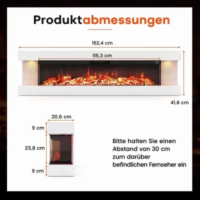 60" elektrický krb, 3-stranný, 750 W/1500 W, elektrický krb s bočnými LED svetlami, biely