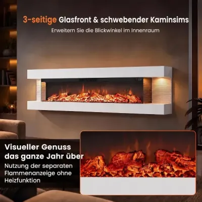 60" elektrický krb, 3-stranný, 750 W/1500 W, elektrický krb s bočnými LED svetlami, biely