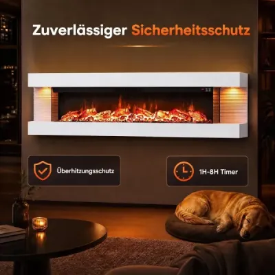 60" elektrický krb, 3-stranný, 750 W/1500 W, elektrický krb s bočnými LED svetlami, biely