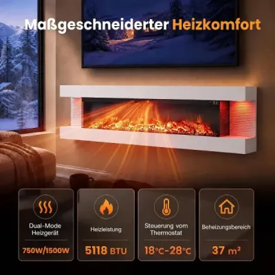 60" elektrický krb, 3-stranný, 750 W/1500 W, elektrický krb s bočnými LED svetlami, biely