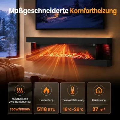 60" elektrický krb s 3-stranným ohrevom 750 W/1500 W Elektrický krb s bočnými LED svetlami, čierny