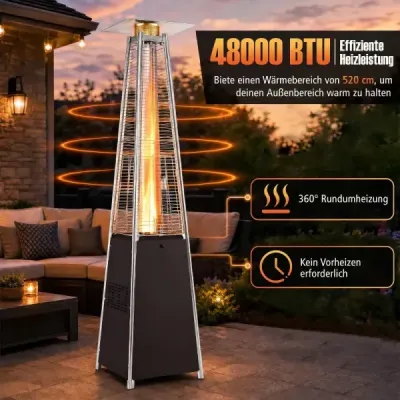 Plynový ohrievač Pyramide 14 000 W – terasový ohrievač s ochranou proti prevráteniu, strieborný