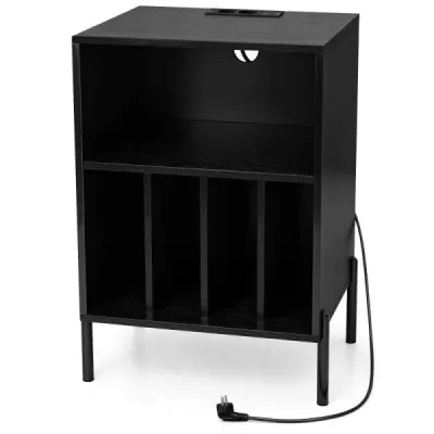 Stojan na gramofón s integrovanou nabíjacou stanicou a 4 priečkami na vinylové platne, čierny