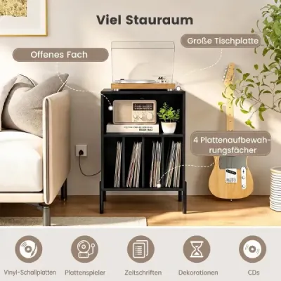 Stojan na gramofón s integrovanou nabíjacou stanicou a 4 priečkami na vinylové platne, čierny