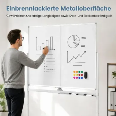 Prenosná biela tabuľa so stojanom 120 x 90 cm, magnetická tabuľa, obojstranná, otočná o 360°, čierna