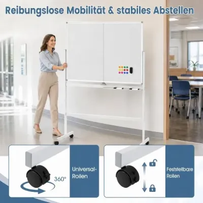 Prenosná biela tabuľa so stojanom 120 x 90 cm, magnetická tabuľa, obojstranná, otočná o 360°, čierna