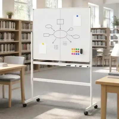 Prenosná biela tabuľa so stojanom 120 x 90 cm, magnetická tabuľa, obojstranná, otočná o 360°, biela