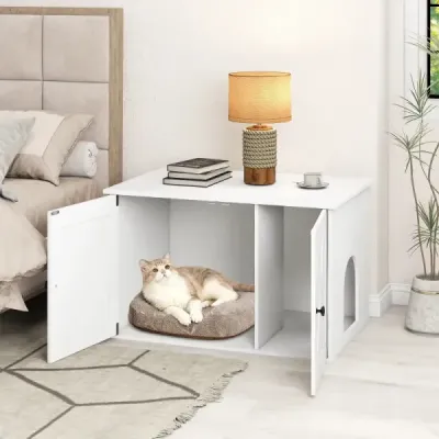 Skriňa pre mačky s 2 dverami, toaleta pre mačky 3 v 1 s bočným vchodom, skriňa 80 x 53 x 50 cm, biela