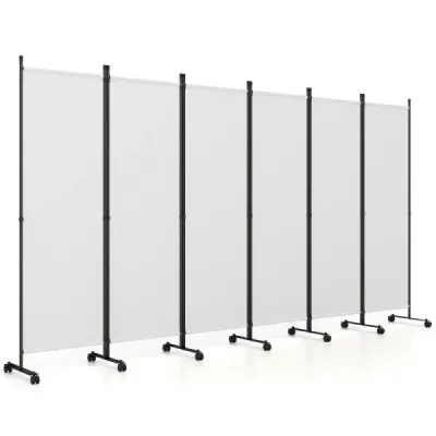6-dielny paraván na vnútorné použitie na kolieskach s širokými opornými nohami, skladací, 330 x 173 cm, biely