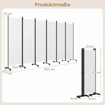 6-dielny paraván na vnútorné použitie na kolieskach s širokými opornými nohami, skladací, 330 x 173 cm, biely
