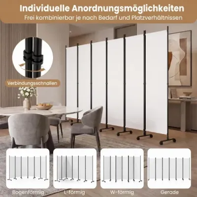 6-dielny paraván na vnútorné použitie na kolieskach s širokými opornými nohami, skladací, 330 x 173 cm, biely