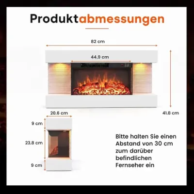 32" elektrický krb s 3-stranným vykurovaním, elektrický krb s bočným LED osvetlením a 12 farbami plameňa, biely