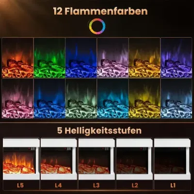 32" elektrický krb s 3-stranným vykurovaním, elektrický krb s bočným LED osvetlením a 12 farbami plameňa, biely
